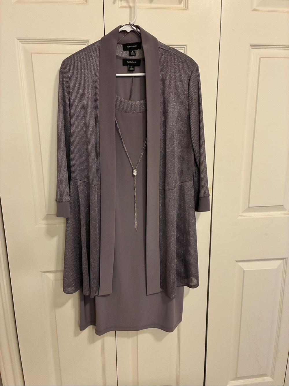 R&M Richards Dusty Lavender Knit Dress with Matching Open Cardigan